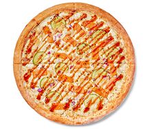 Пицца Удовольствие с лососем на тонком тесте 