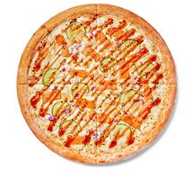 Пицца Удовольствие с лососем на толстом тесте 