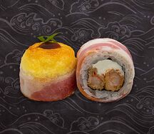 Запечённый Бекон с темпурной креветкой