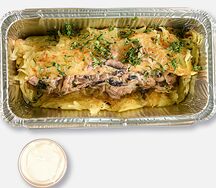 Драник с жульеном из курицы и грибов