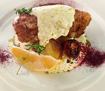 Картофельный гратен с хрустящим судаком