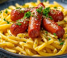 Сосиски отварные с макаронами 