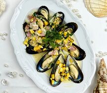 Мидии Киви с кукурузой и беконом