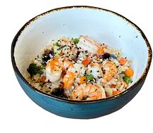 Креветки терияки с овощами и жареным рисом 