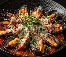 Мидии голубые в красном соусе