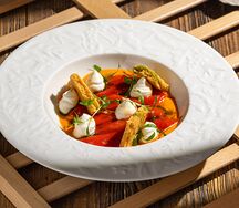Печеные перцы с кремом из копченой брынзы и печеньем из пармезана