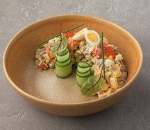 Оливье с телячьим языком и красной икрой