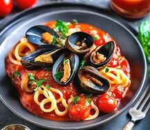 Паста с мидиями и кальмарами в томатном соусе