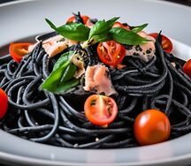 Черная паста с форелью и томатами