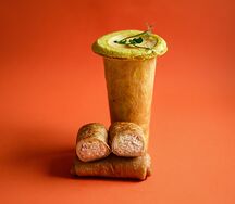 Крем-суп сырный и блинчики с курицей, сыром и грибами