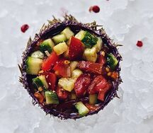 Морской ёж с тартаром из томатов и огурца