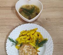 Суп грибной, картофель жареный, котлета куриная Нежная