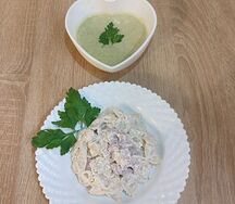 Суп-пюре из брокколи и паста с ветчиной