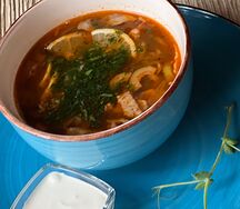 Солянка мясная с гренками и красным перцем