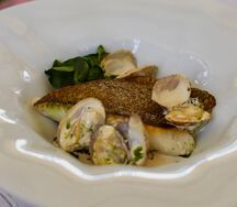 Палтус с устричным соусом и моллюсками