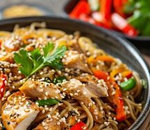 Гречневая лапша с мясом цыпленка и овощами