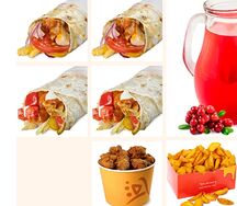 4 шаурмы, картофель, 15 острых крыльев и морс
