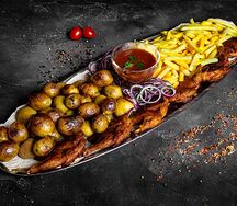 Цыпленок Табака с молодой картошкой и картофелем фри 