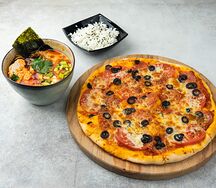 Том ям с цыпленком и рисом и пицца Пронто Пепперени (30 см)