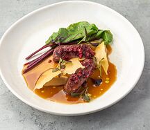 Филе оленя с кремом из кедровых орехов и мангольдом