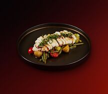 Кальмар по-азиатски с овощами и печеным картофелем