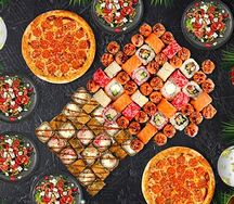 Комбо корпоратив (80 шт роллов и 2 пиццы и 5 порций салатов)