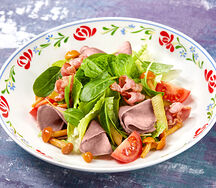 Салат с языком и опятами, с соусом из зелени