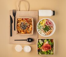 Комбо: окрошка, салат и удон с курицей