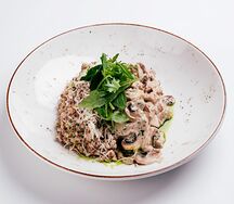 Куриный строганов с гречкой, грибами и пармезаном