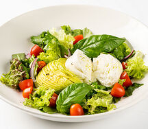 Большой салат с бураттой, авокадо, томатами на листьях зелёного салата