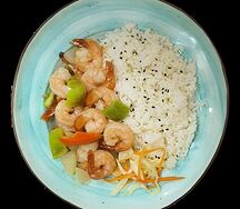 Комбо: креветки с овощами и рисом на пару