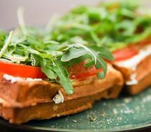 Сырные вафли с творожным сыром, томатами и руколой  