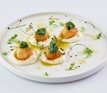 Гребешки на пюре из цветной капусты с припущенным шпинатом