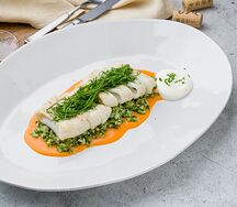 Командорский кальмар с соусом ромеско и рисом в соусе чимичурри