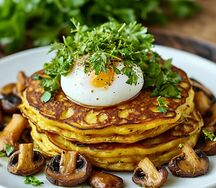 Оладьи из кабачка с яйцом пашот и лесными грибами