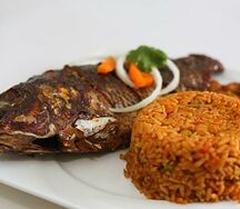 Jollof rice and peppered fish