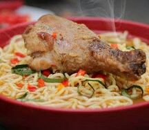 Spiced indomie, boiled egg and chicken