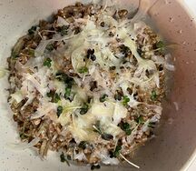 Гречотто с рваной говядиной и грибами
