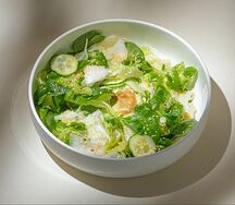 Зеленый салат с хумусом из эдамаме, дайконом и имбирным соусом