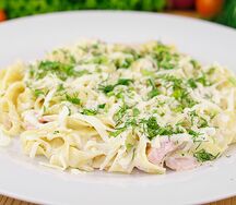 Паста с копченой курицей и грибами