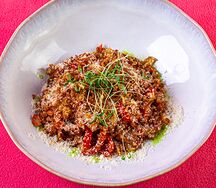 Гречотто с печеным перцем и беконом