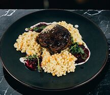 Телячьи щёчки BBQ с птитимом и ягодной аджикой