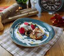 Картофельные драники с копченым куриным филе и вешенками