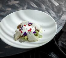 Судак с кабачковой кашей, пармезаном и цукатами из сезонных грибов