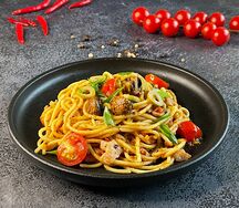 Паста с беконом, ветчиной и грибами