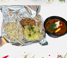 Обед Солянка, пюре с котлетой, салат Оливье