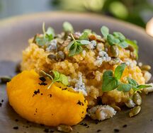 Тыквенная каша с горгонзолой, семенами тыквы и сублимированной малиной 