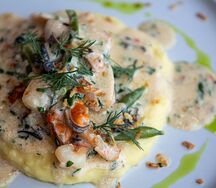 Морепродукты по-строгановски с древесными грибами и пюре