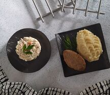 Оливье с курицей, Котлета по-домашнему жареная, Картофельное пюре