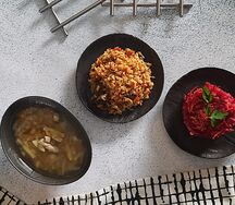 Рассольник, салат Здоровье и плов с курицей